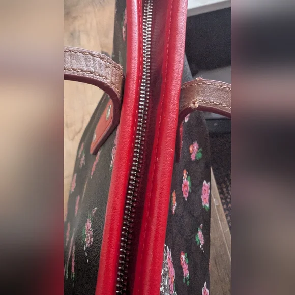 Coach City Tote Brown Leather Signature C Floral Print With Red Trim And Wallet - Picture 5 of 15